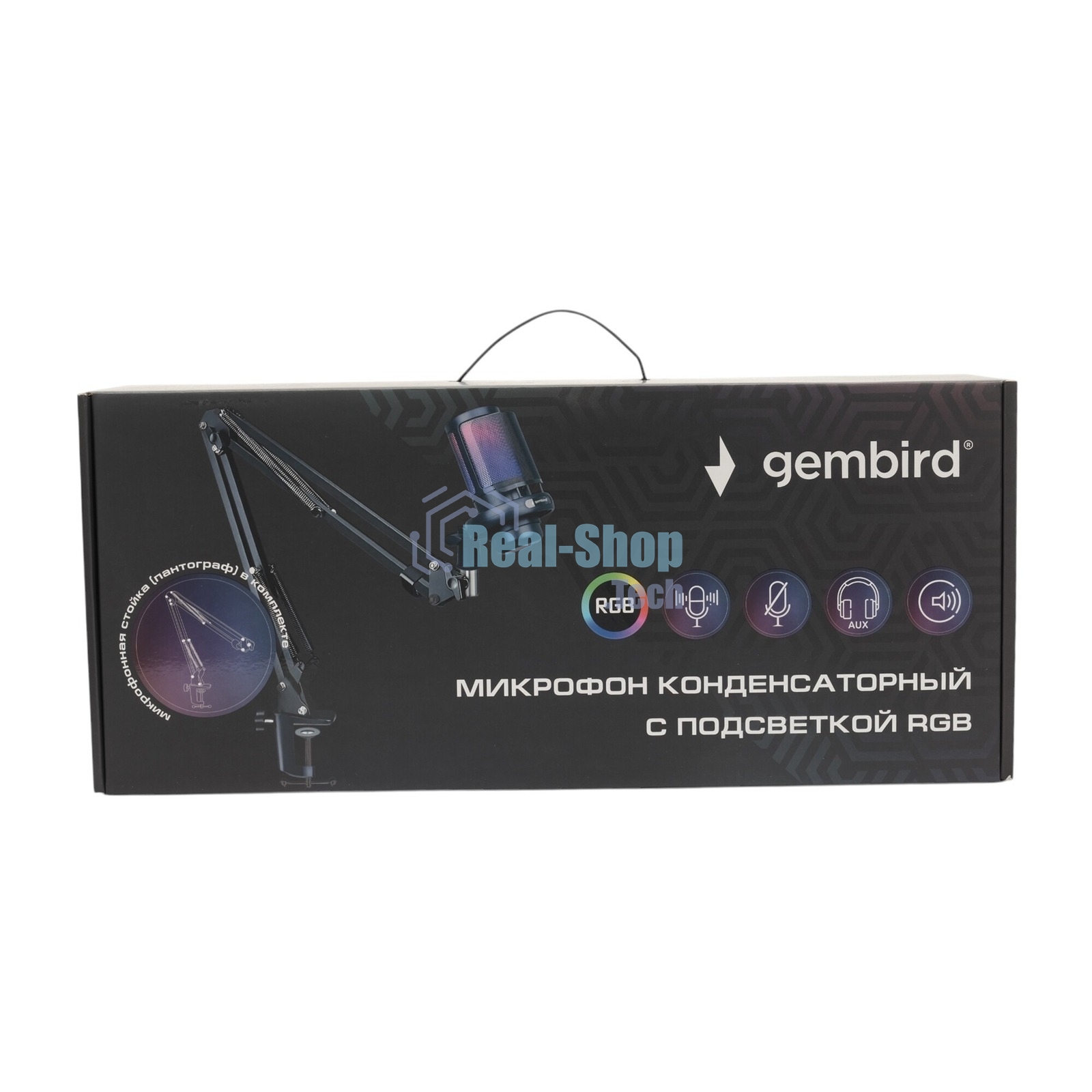 Микрофон конденсаторный Gembird M-02N, подсветка RGB, шумоподавление, микрофонная стойка (пантограф), черный