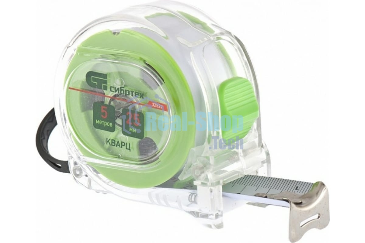 Рулетка Сибртех Кварц, прозрачный корпус, амортизатор, 5 м х 25 мм