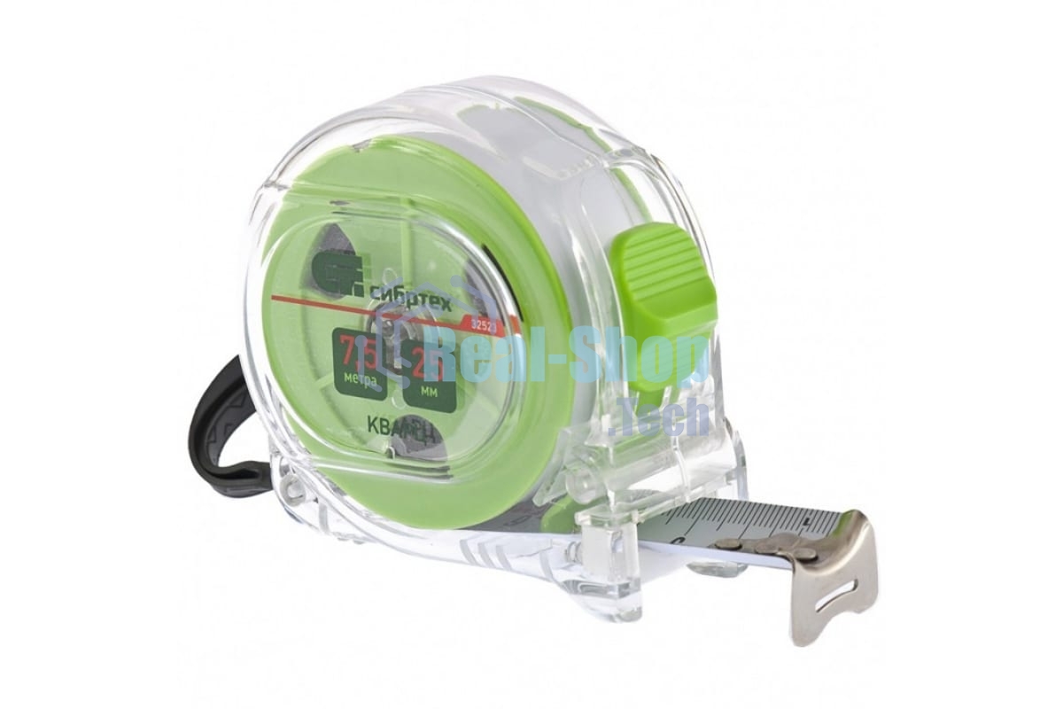 Рулетка Сибртех Кварц, прозрачный корпус, амортизатор, 7,5 м х 25 мм