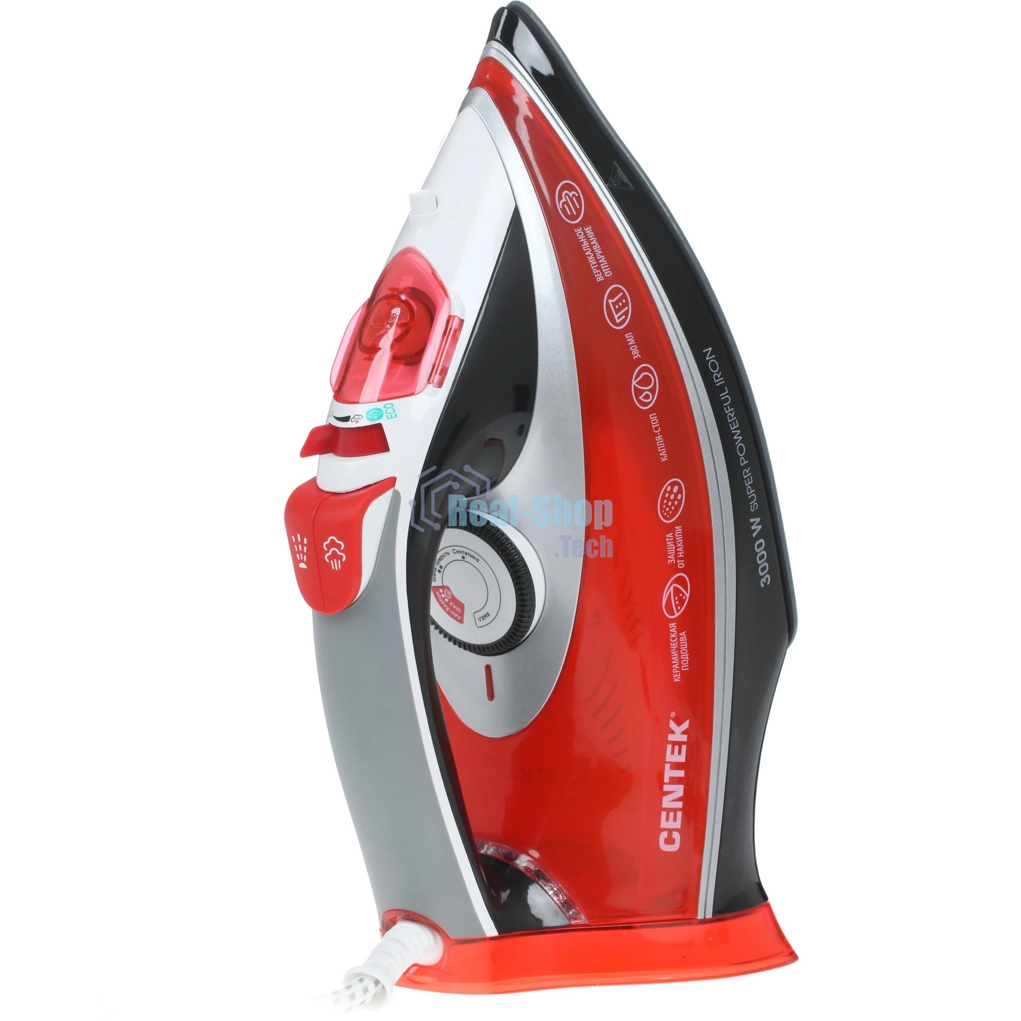 Утюг Centek CT-2346 красный/черный/белый, 3000 Вт, 45 г/мин, 190 г/мин, 380 мл