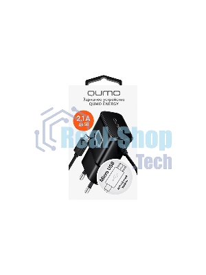 Сетевое зарядное устройство Qumo Energy (Charger 0024) 2.1A, встроенный кабель MicroUSB, черный