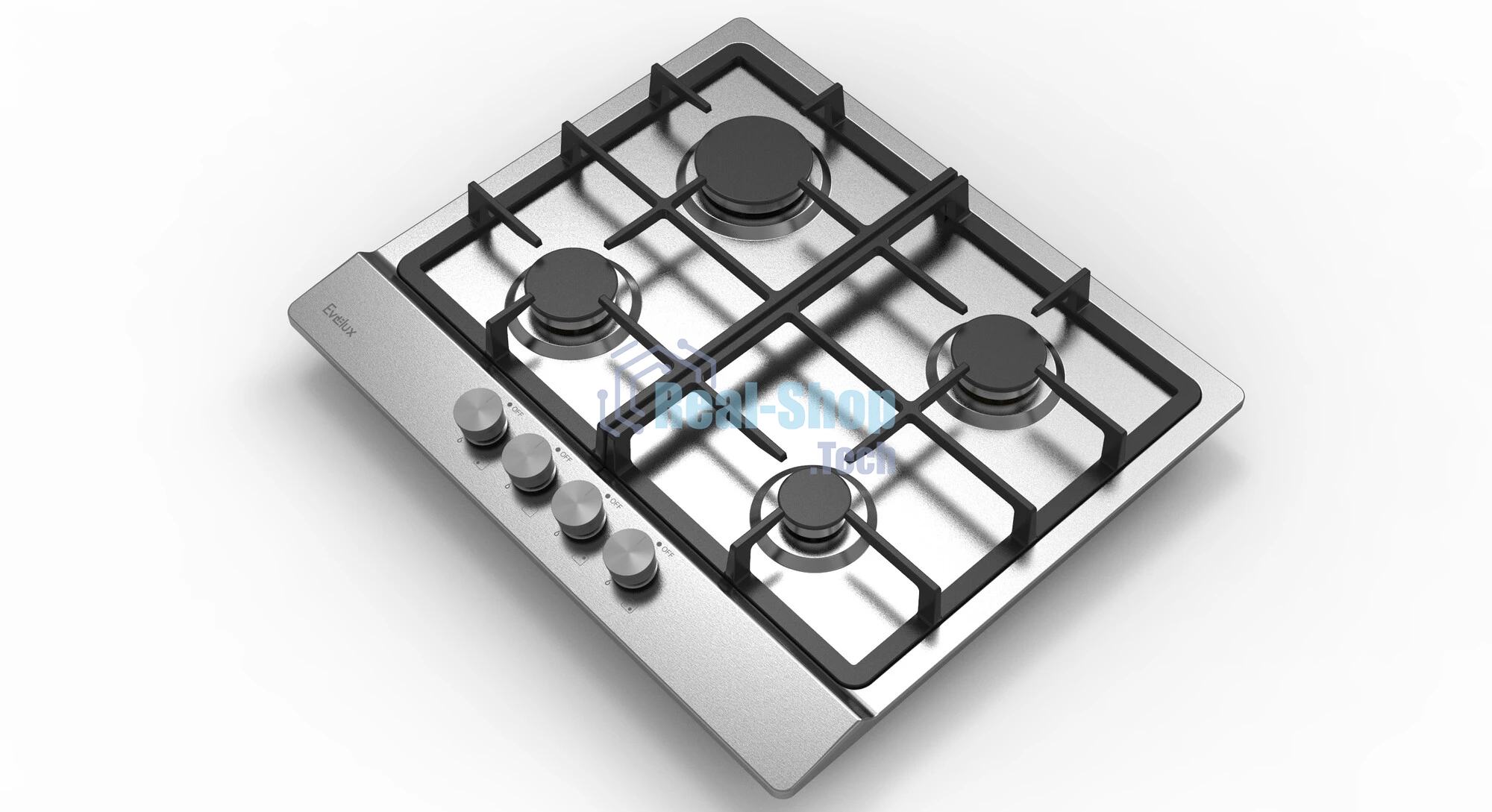 Газовая варочная панель Evelux HEG 633 X Hi-Tech, 60 см, 4 конфорки, чугунные решетки, газ-контроль, электроподжиг, механическое управление, нержавеющая сталь