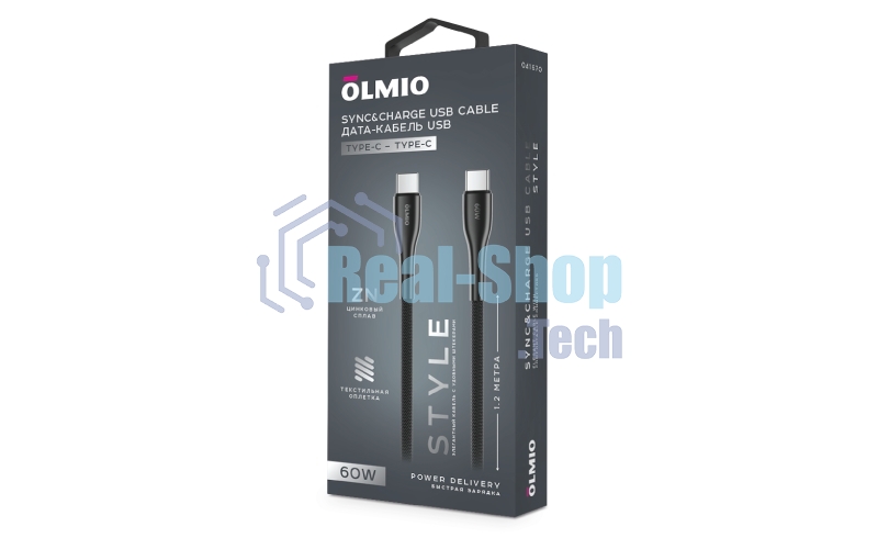 Кабель OLMIO STYLE, Type-C - Type-C, 60W, 1.2м, тканевая оплетка, черный