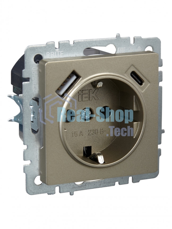 Розетка 1-местная IEK BRITE РЮш11-1-БрШ (BR-R14-16-U22-018-K37) с заземлением, с защитными шторками, 16А, с USB A+C 18 Вт, шампань