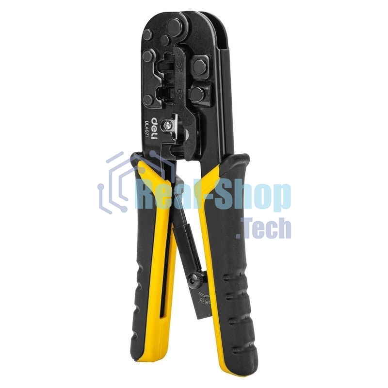 Обжимные клещи Deli DL4971 4P,6P,8P Размер: 200 мм. Спецификация обжима: 4P, 6P, 8P. Сталь A3 с черным покрытием. Ручка из ПВХ и ТПР. Храповой механизм. Подходит для витой пары UTP/STP и телефонных кабелей.