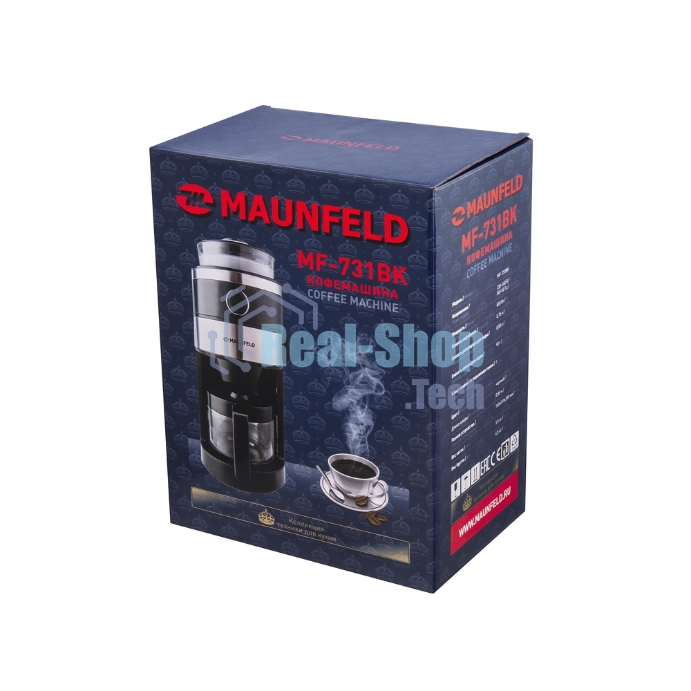 Кофеварка капельная Maunfeld MF-731BK черный, исп. кофе - зерновой/молотый, 0.83 л, 820 Вт.