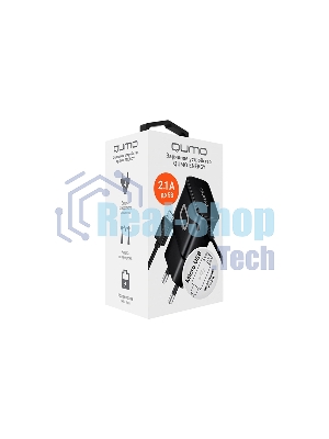 Сетевое зарядное устройство Qumo Energy (Charger 0024) 2.1A, встроенный кабель MicroUSB, черный