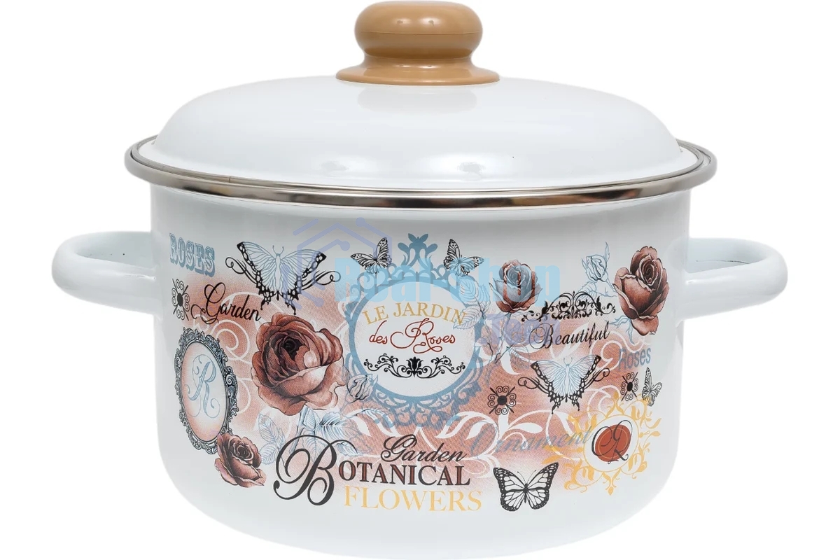 Кастрюля Appetite 1RD201М Roses с крышкой, эмалированная сталь, цилиндрическая 4 л