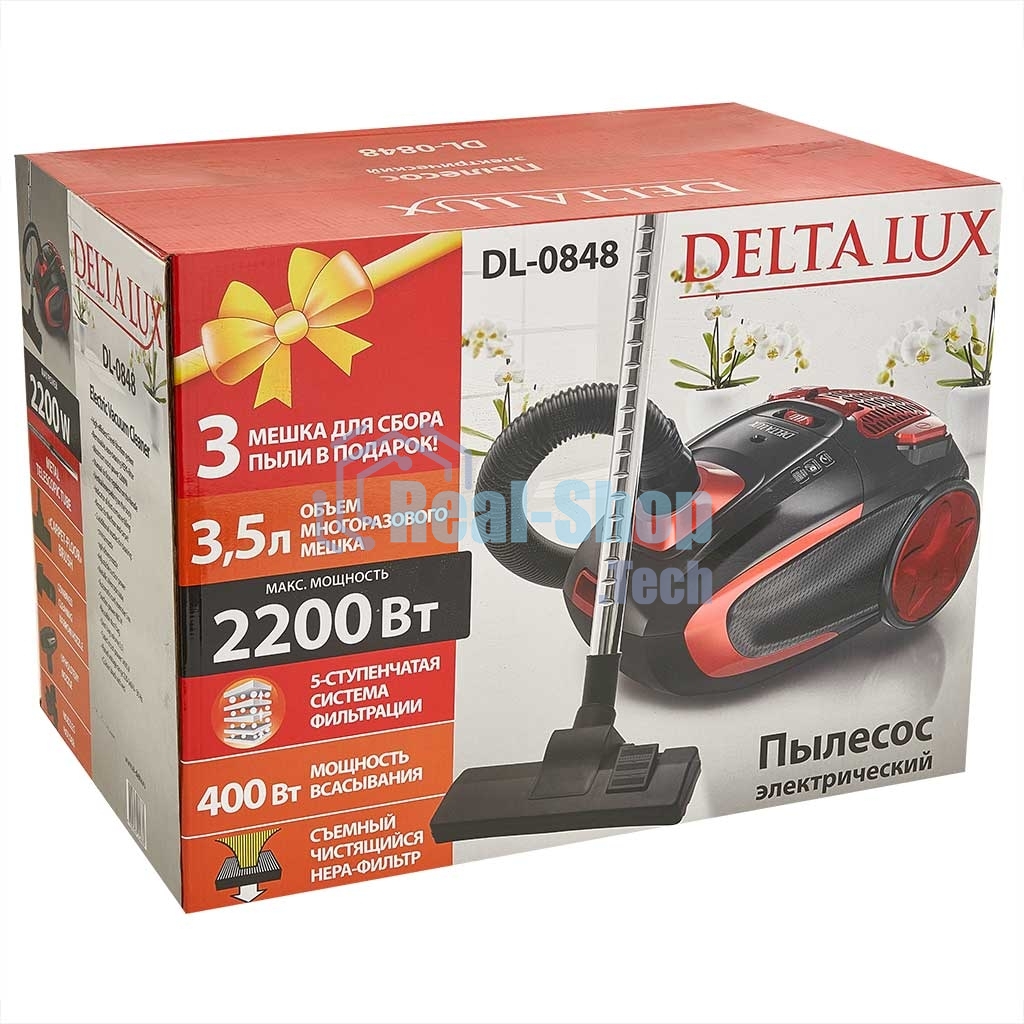 Пылесос Delta LUX DL-0848 черный/красный, 400/2200 Вт, уборка сухая, пылесборник мешок 3,5 л