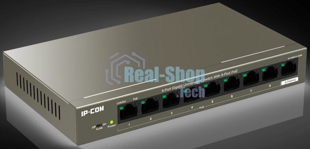 Коммутатор неуправляемый PoE IP-COM G1109P-8-102W 9 портов, 9x1 Гбит/с, PoE 8х92 Вт, настольный