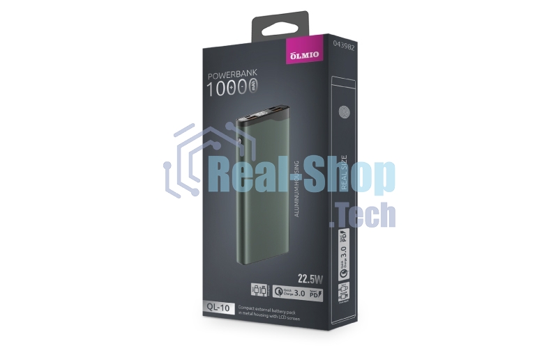 Портативный аккумулятор OLMIO QL-10, 10000mAh, 22.5W, QuickCharge3.0/PowerDelivery, LCD, серый