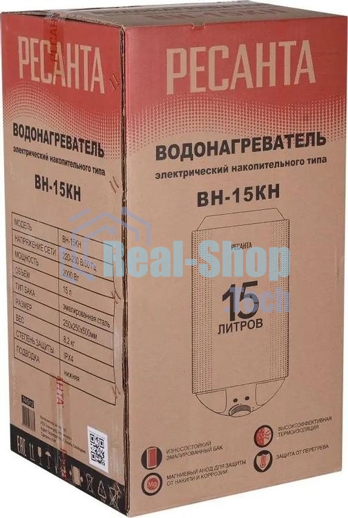 Водонагреватель электрический Ресанта ВН-15КН белый, накопительный, 15 л, 1,5 кВт