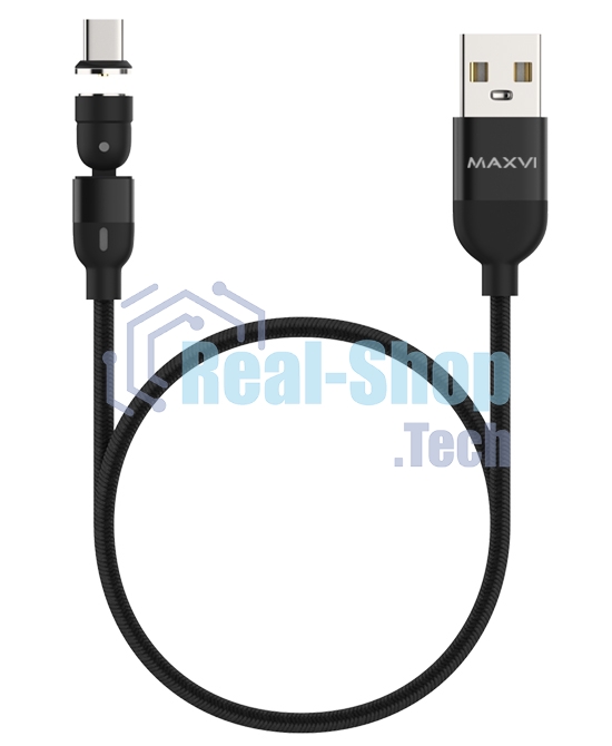 Кабель Maxvi MCm-02T black, USB-A - Type-C, 2A, магнитный разъем, LED ток макс. нагрузки 2А, макс. напряжение 5V; стандарт USB 2.0; длина 1.5м, нейлоновая оплетка, съемный магнитный коннектор, LED подсветка, черный