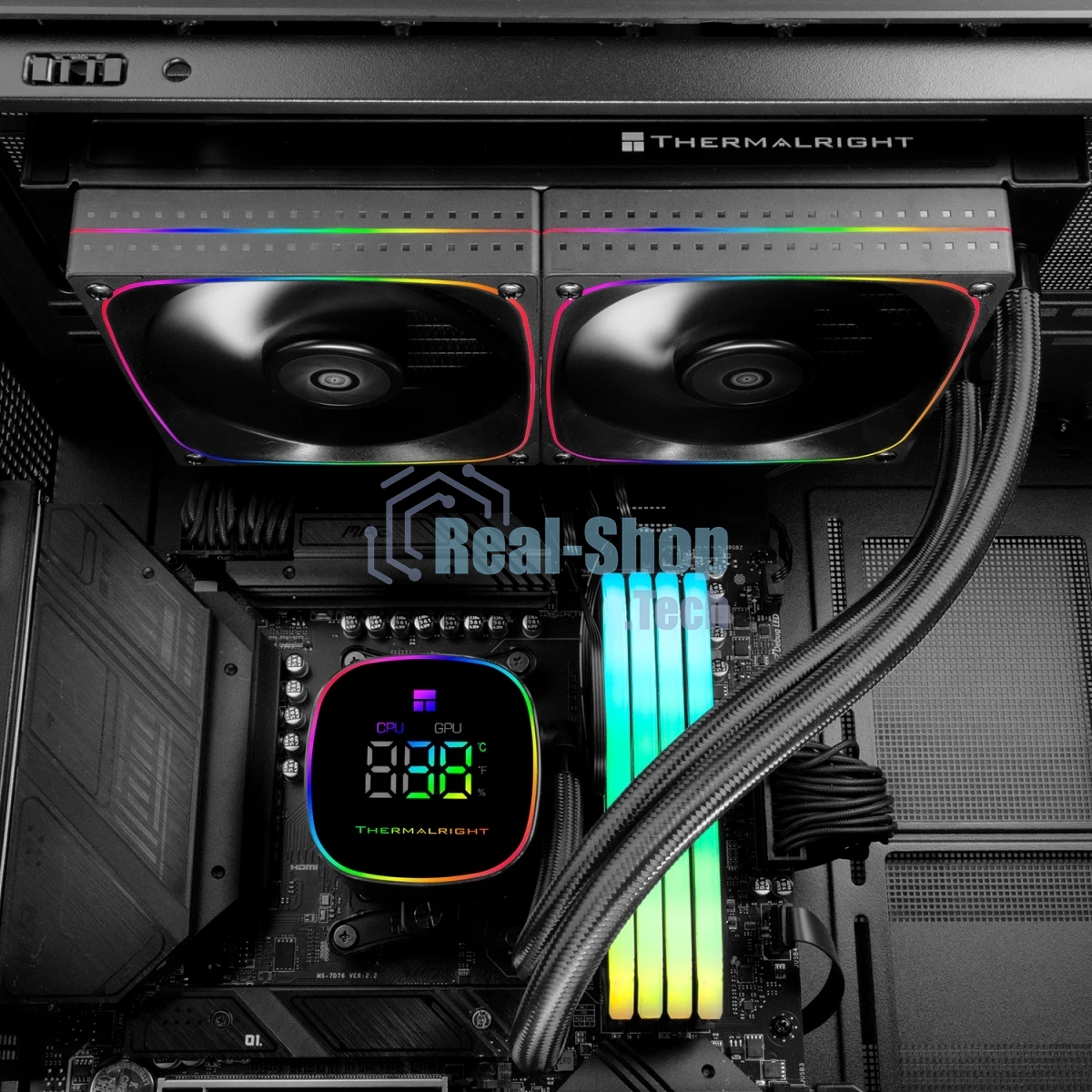 Система жидкостного охлаждения Thermalright Frozen Horizon 240 Digital (240мм, LED temp., Black, ARGB/Fans: 2x120мм, 68.9CFM, 28.2dBA, 2000RPM/Pump height 53.2мм, Rad thickness 27мм/S: 1700, 1200, 1851, 115X, AM5, AM4)