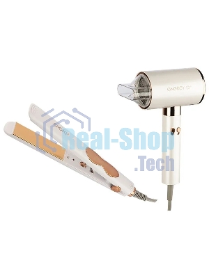 Набор для укладки волос Фен ENERGY EN-849N бежевый/золотистый, 2200 Вт, ионизация, компактный + выпрямитель