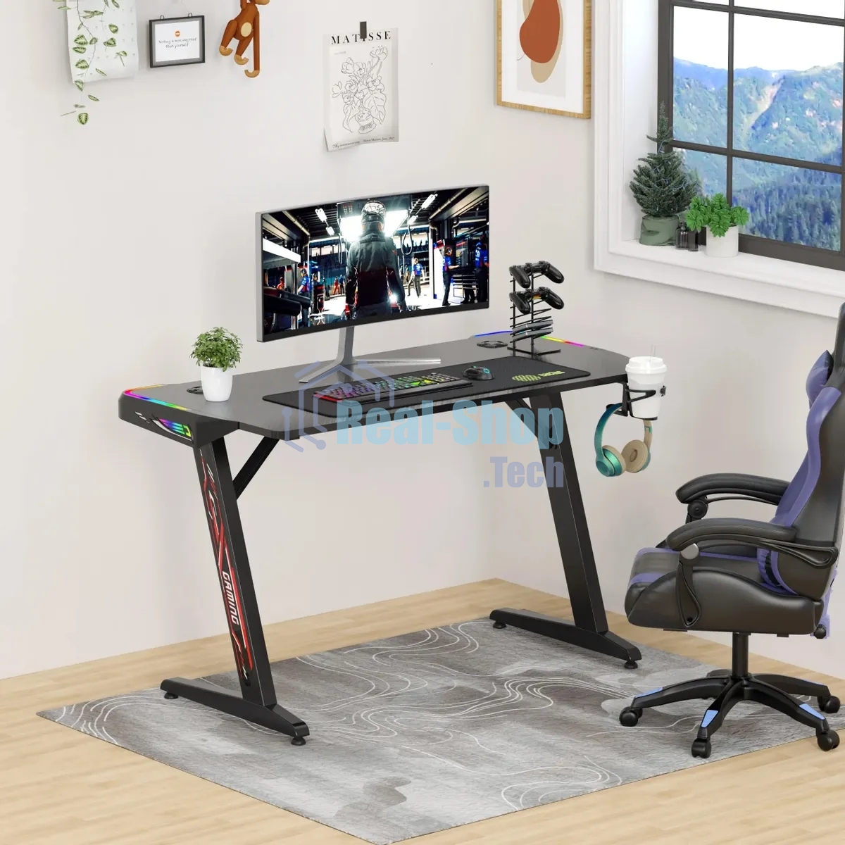 Стол игровой Cactus CS-GTZ-BK-RGb столешница ДСП, черный каркас черный