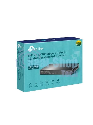Настольный коммутатор TP-Link TL-SL1311P, 8 портов 10/100 Мбит/с с поддержкой PoE+, 2 гигабитных порта без поддержки PoE, 1 порт SFP, 802.3af/at, бюджет PoE — 65 Вт, стальной корпус