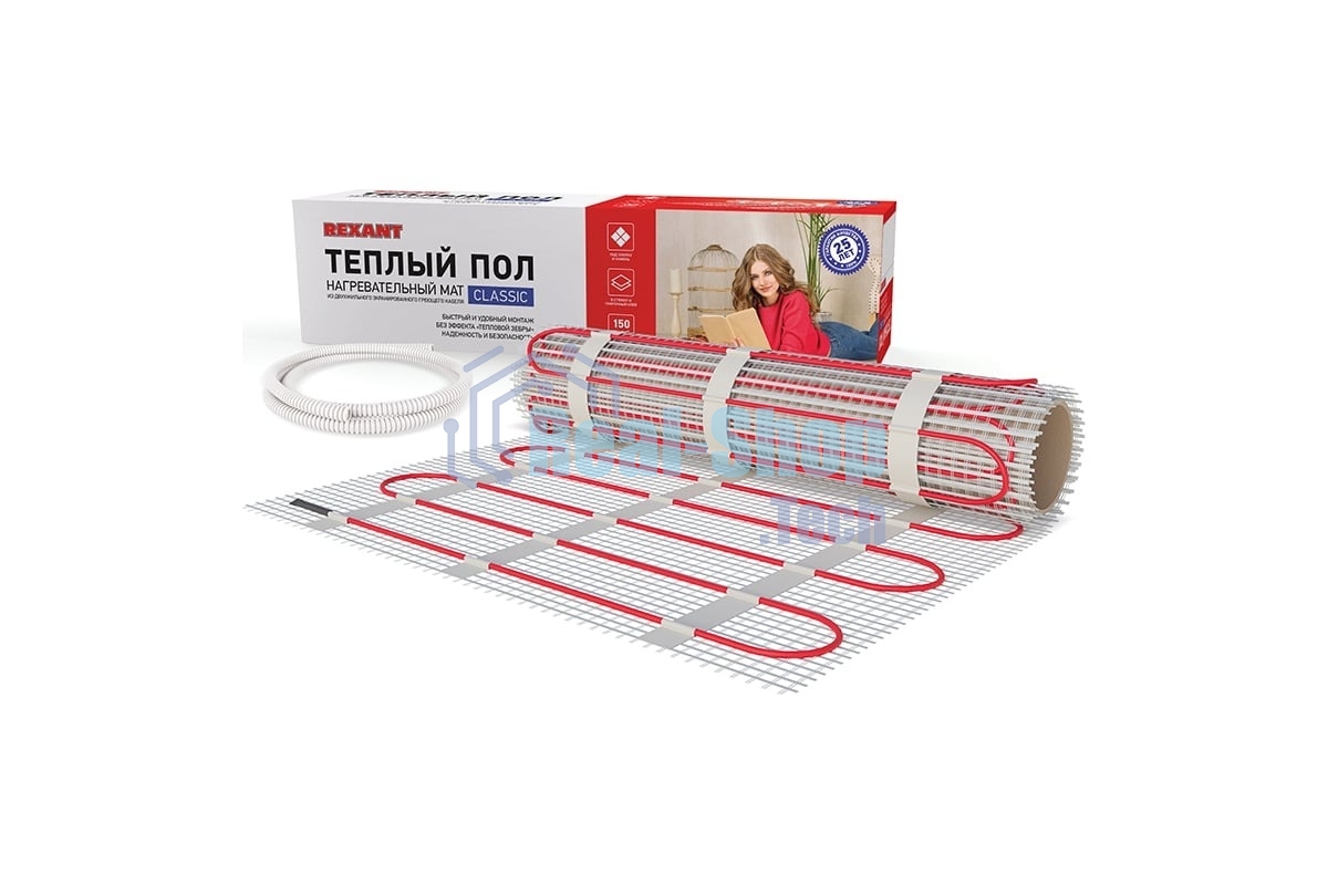 Теплый пол (нагревательный мат) Rexant Classic RNX -1,0-150 (площадь 1,0 м2 (0,5 х 2,0 м)), 150 Вт, двухжильный с экраном