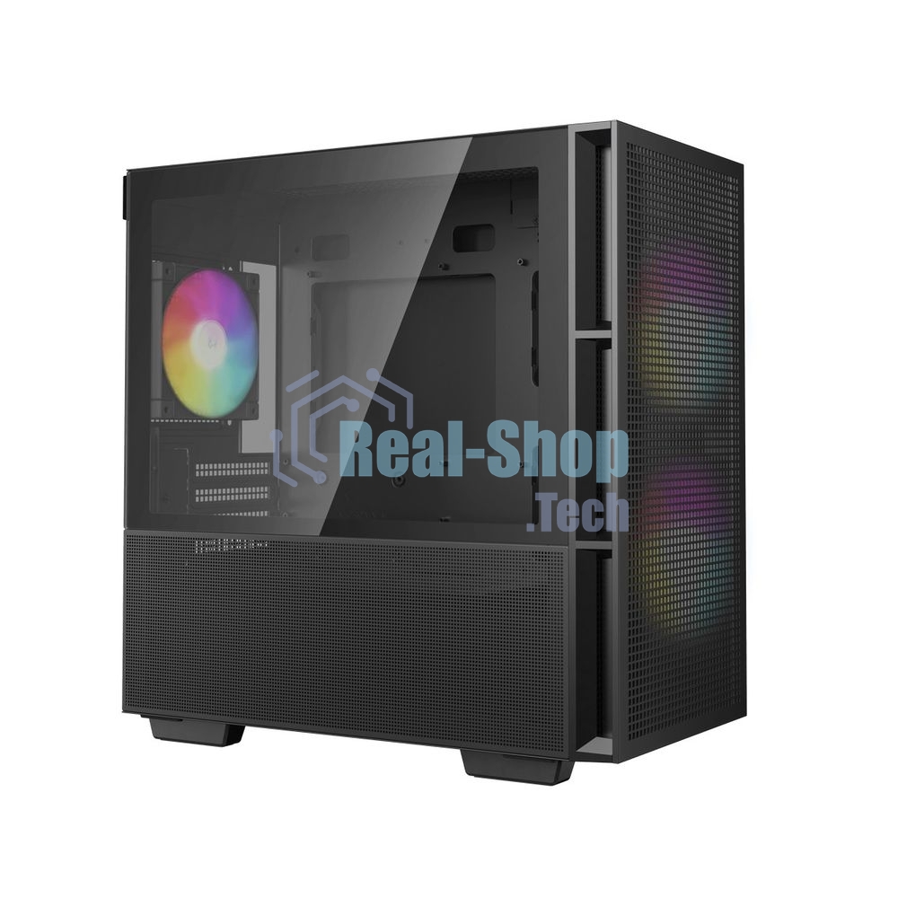 Компьютерный корпус Deepcool CH360 без БП, боковое окно (закаленное стекло), 2x140мм ARGb LED вентилятор спереди и 1x120мм ARGb LED вентилятор сзади, черный, mATX