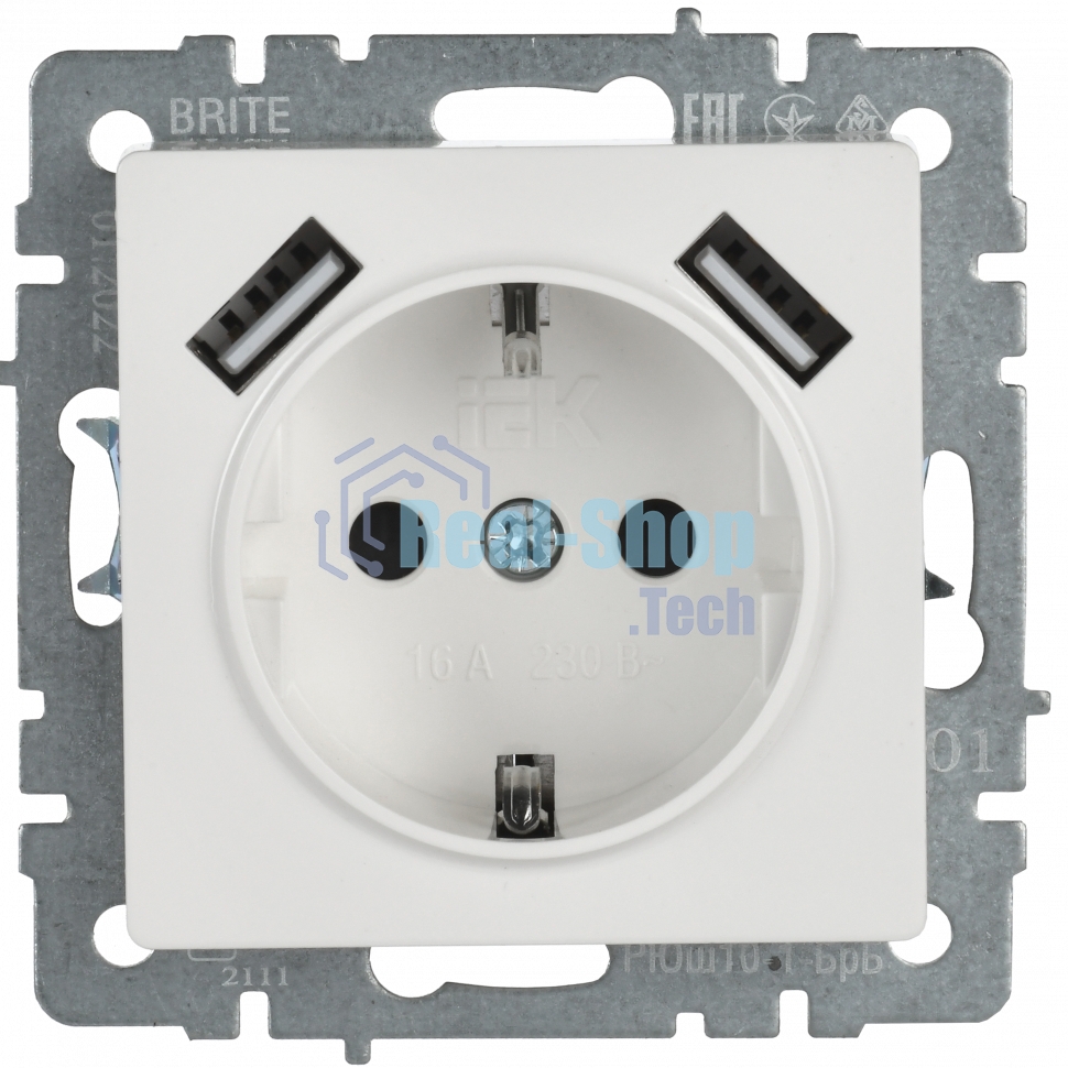 Розетка 1-местная IEK BRITE РЮш10-1-БрБ (BR-R14-16-U21-D21-K01) 16А, с USB A+A 2.1А, с заземлением с защитными шторками, белый