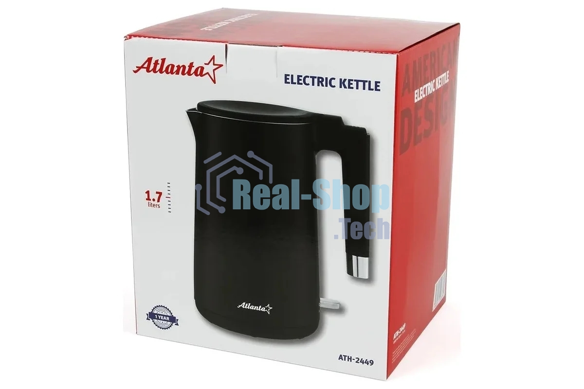 Чайник электрический Atlanta ATH-2449 черный 1,7л, нержавейка, двухстенный