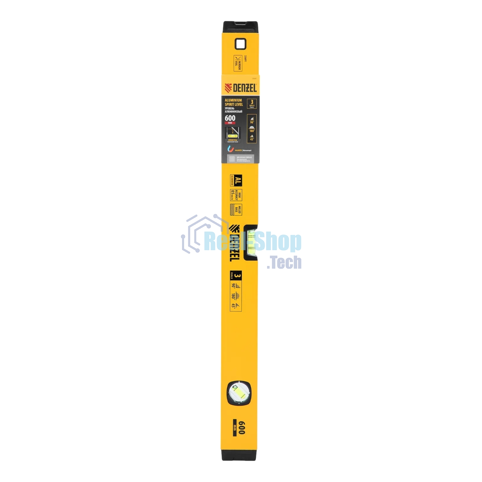 Уровень алюминиевый Denzel магнит., фрезерованный, 3 глазка (1 зеркал.), 0,5 мм/м, 600 мм