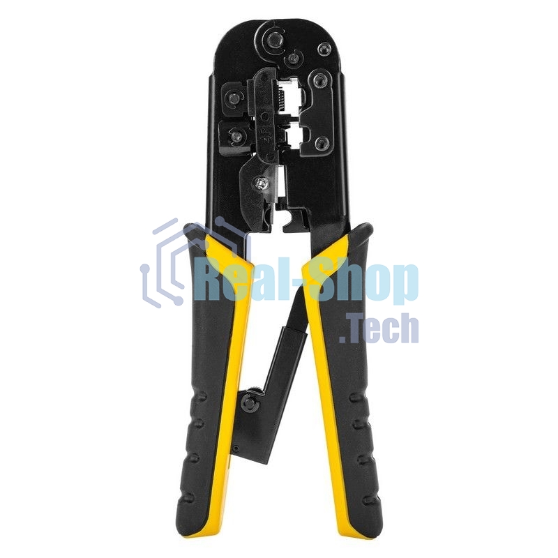 Обжимные клещи Deli DL4971 4P,6P,8P Размер: 200 мм. Спецификация обжима: 4P, 6P, 8P. Сталь A3 с черным покрытием. Ручка из ПВХ и ТПР. Храповой механизм. Подходит для витой пары UTP/STP и телефонных кабелей.