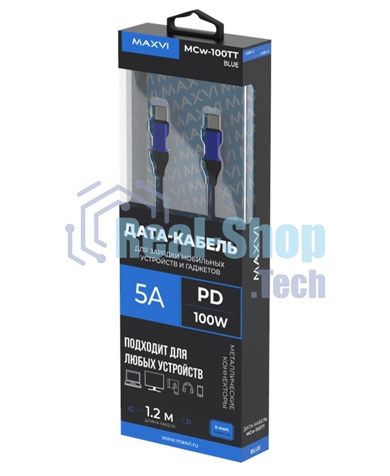 Кабель Maxvi MCw-100TT blue USB-C - USB-C, 5A разъемы USB-C - USB - C, Максимальная мощность 100W, ток макс. нагрузки 5А, макс. напряжение 20V;стандарт USB 3.1, длина 1.2м, нейлоновая оплетка, металлические корпуса разъемов, цвет синий.