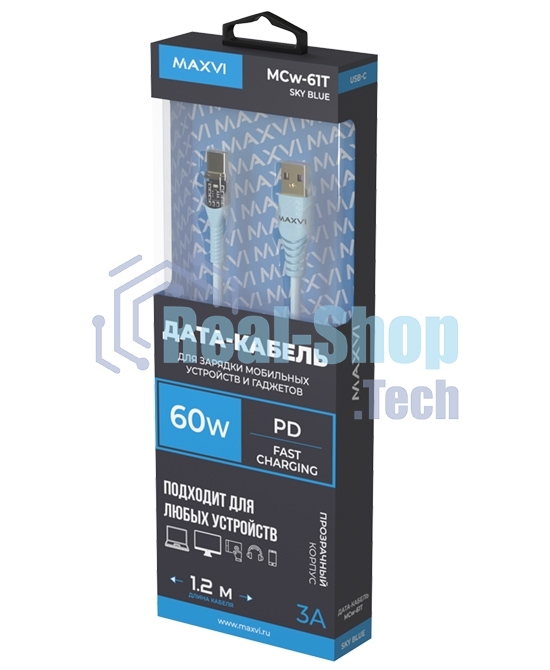 Кабель магнитный Maxvi MCw-61T USB - Type-C 60W 3А QC4.0 PD, 1.2м, голубой
