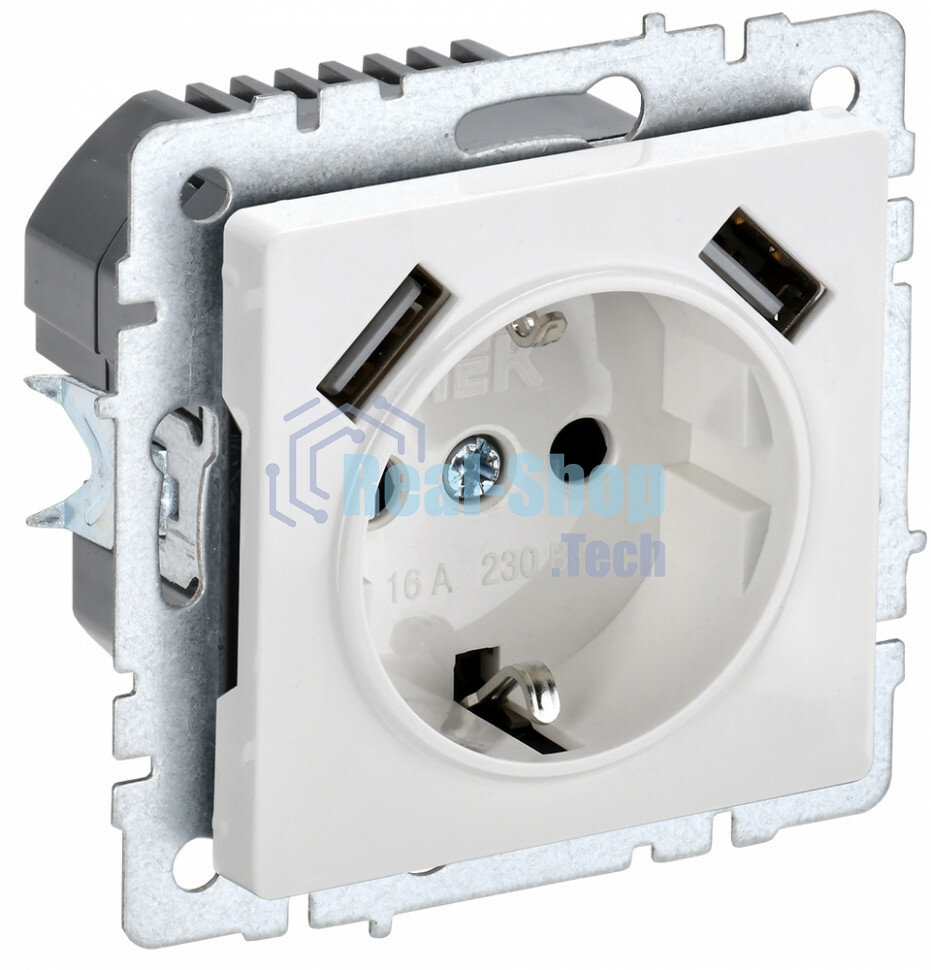 Розетка 1-местная IEK BRITE РЮш10-1-БрБ (BR-R14-16-U21-D21-K01) 16А, с USB A+A 2.1А, с заземлением с защитными шторками, белый
