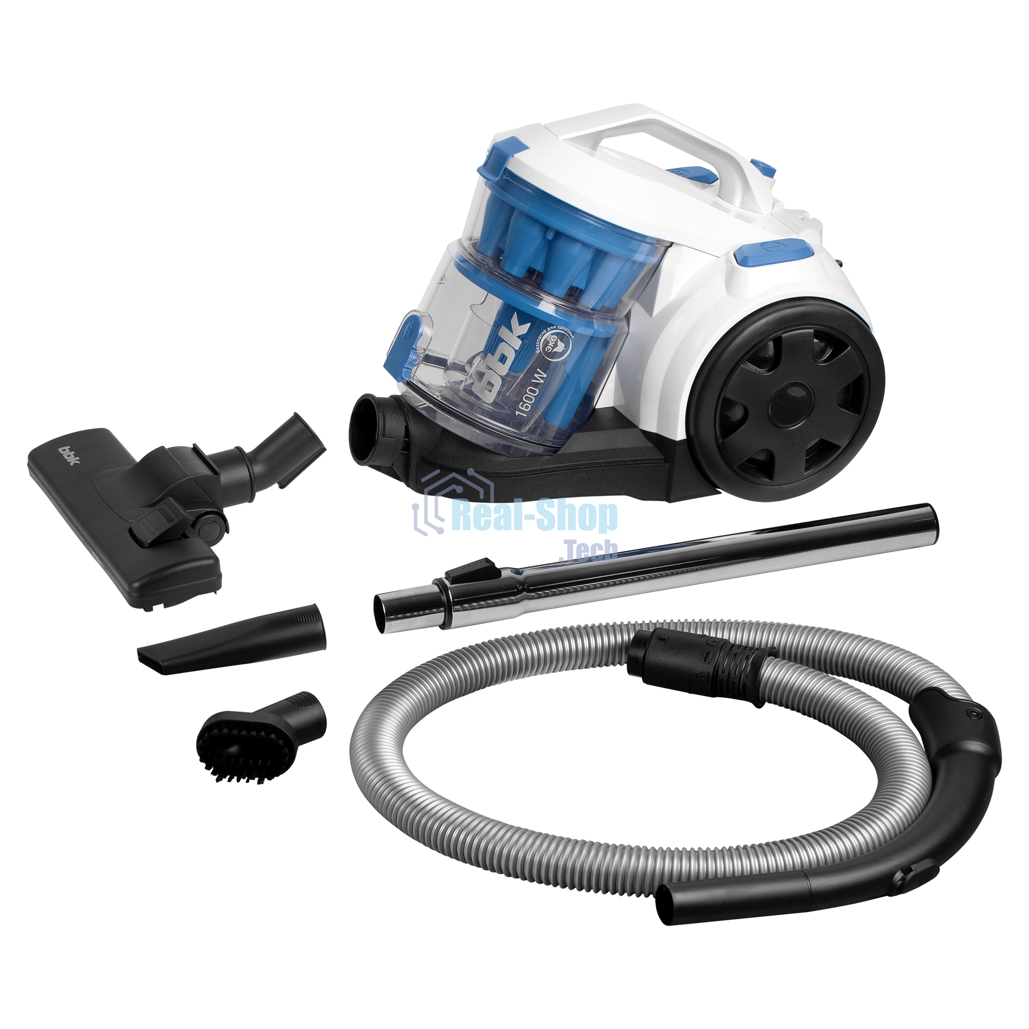 Пылесос BBK BV1501 белый/синий, 300/1600 Вт, уборка сухая, пылесборник контейнер, 2 л