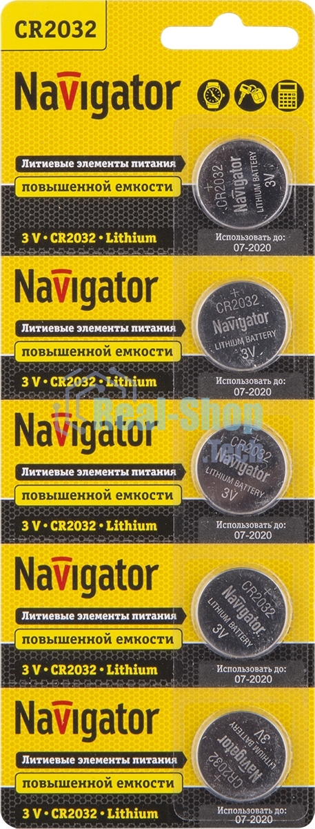Элемент питания литиевый Navigator CR2032 NBT-CR2032-BP5 (блист.5шт), 3 В