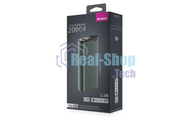 Портативный аккумулятор OLMIO QL-20, 20000mAh, 22.5W, QuickCharge3.0/PowerDelivery, LCD, серый
