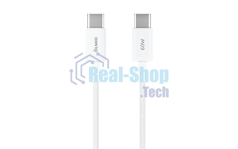 Кабель OLMIO SIMPLE, Type-C - Type-C, 60W 3A, 1.2м, тканевая оплетка, белый