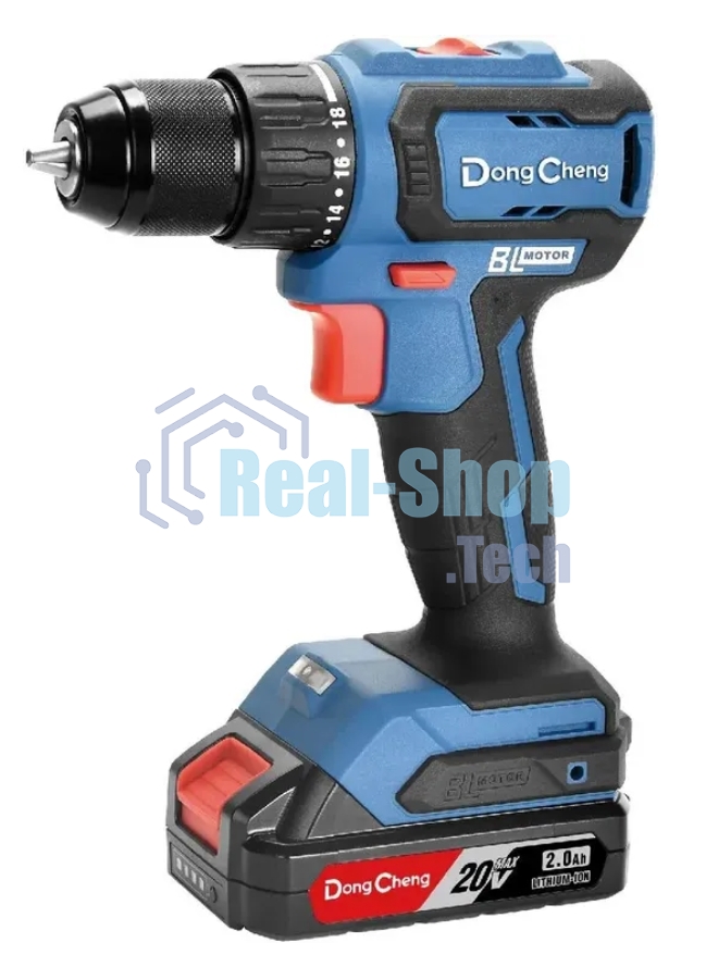 Дрель-шуруповерт DongCheng DCJZ2040, 20 В, 2 Ач, 45 Нм, бесщеточный