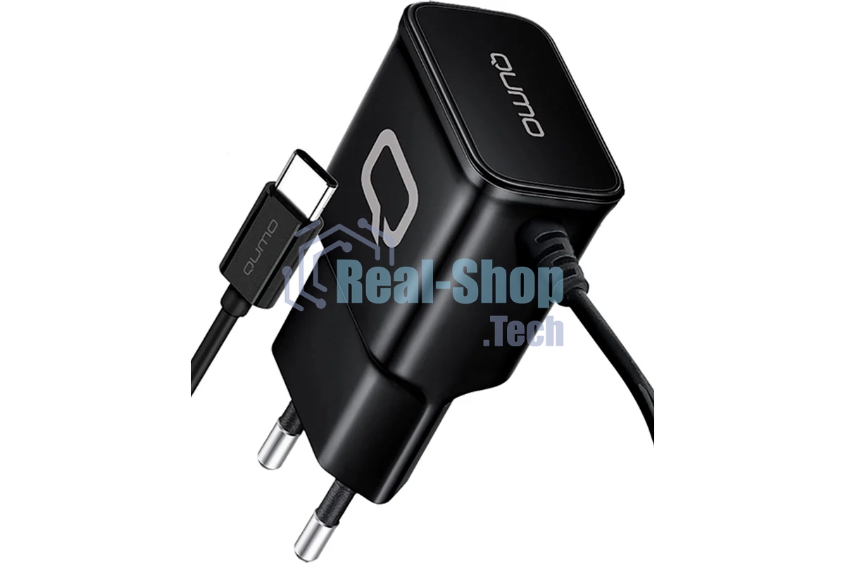 Сетевое зарядное устройство Qumo Energy (Charger 0025) 2.1A, встроенный кабель TYPE-C, черный