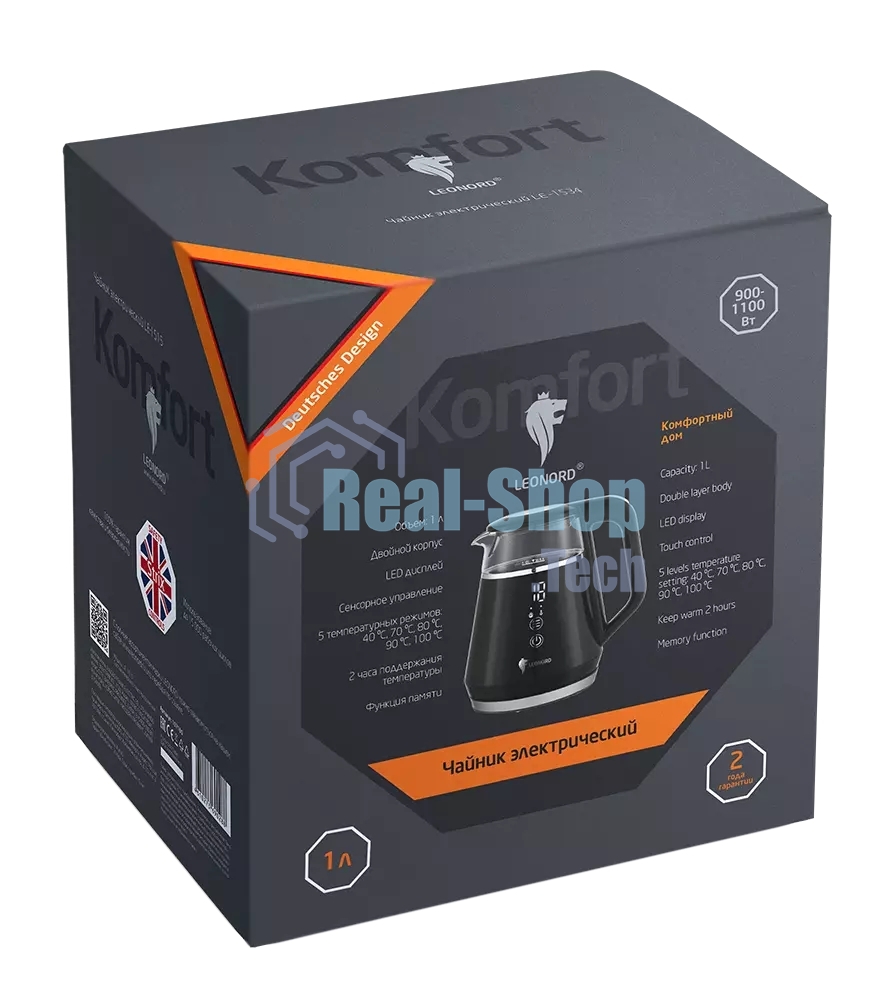 Чайник электрический LEONORD LE-1534 1 л, 1100 Вт, пластик/стекло, черный