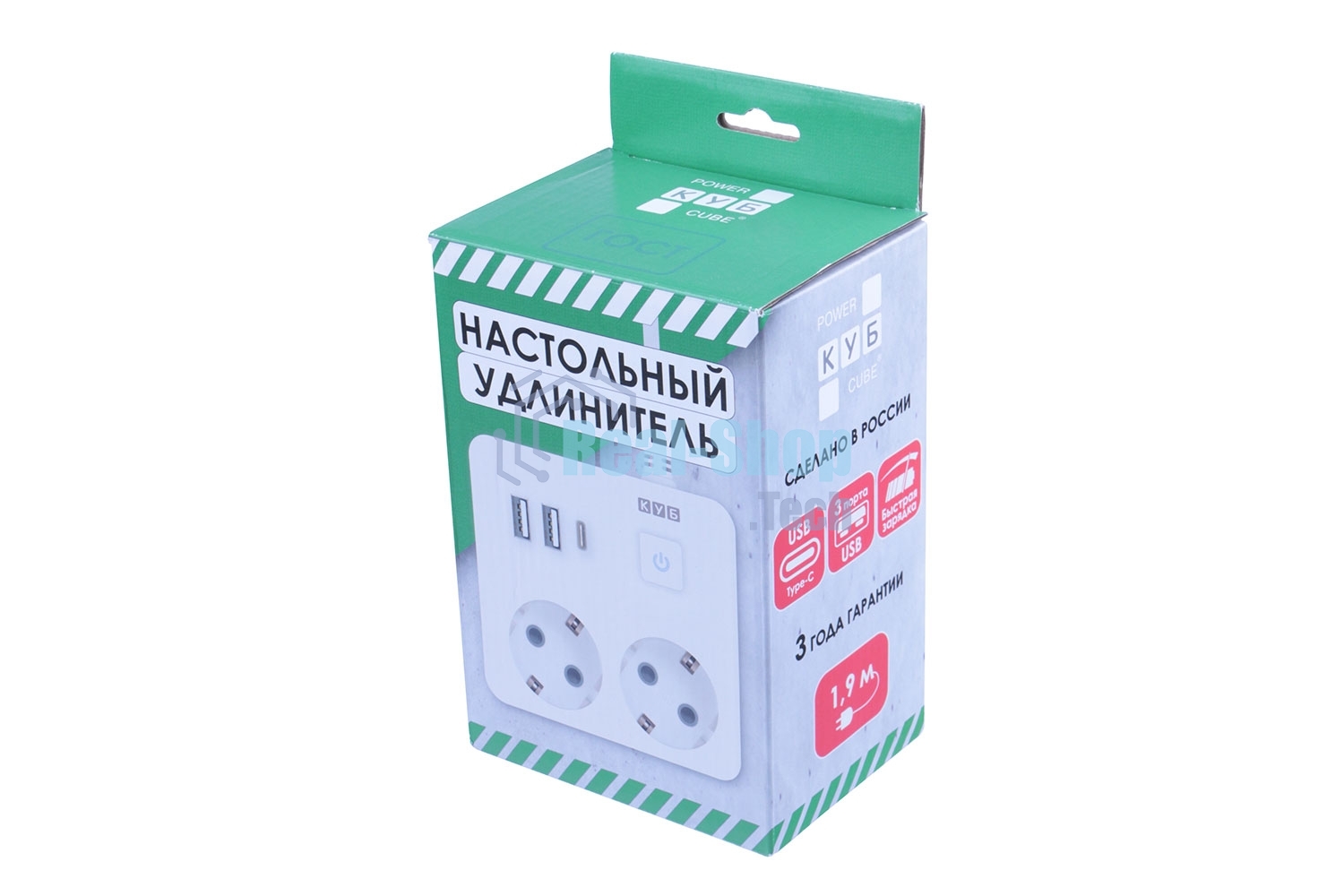 Бытовой удлинитель PowerCube, 2 р с/з вык.,3USB, 3500 Вт, 16А, 1.9 м, 3x1,0 (белый) квадрат