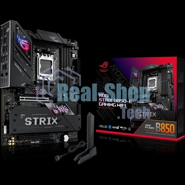 Материнская плата ASUS ROG STRIX B850-E GAMING WIFI, AM5, AMD B850, 4xDDR5, 4xSATA, 5xM.2, 1xPCI-E 5.0 x16, 1xPCI-E 4.0 x16, 1xRealtek 5Gb Ethernet, 1xUSB-C 4, 1xUSB-C 20Gbps, 6xUSB-A 10Gbps, 4xUSB-A 2.0, 3x3.5 мм, 7.1, ATX