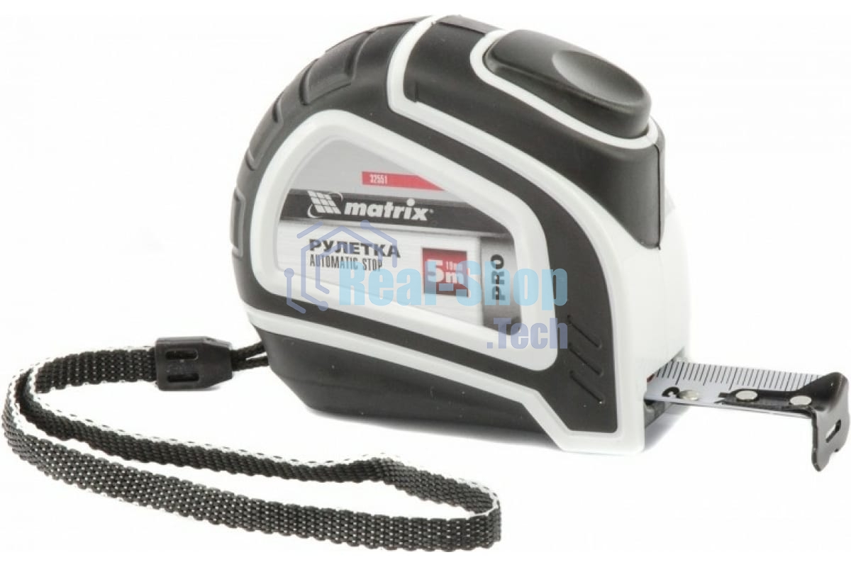 Рулетка Matrix Autostop, 5 м х 19 мм, двухкомпонентный корпус, автоматическая фиксация, PRO