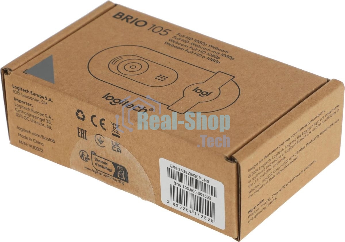 Веб-камера Logitech Brio 105 1920x1080, 30 кадр/с, USB Type-A, микрофон (шумоподавление), шторка приватности, автоосвещение, универсальное крепление