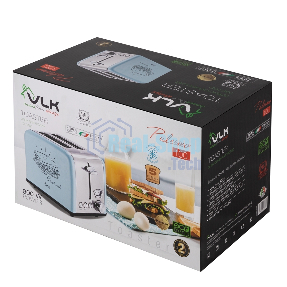Тостер VLK Palermo 100, мощность 900 Вт, голубой, 5 регулировок поджаривания