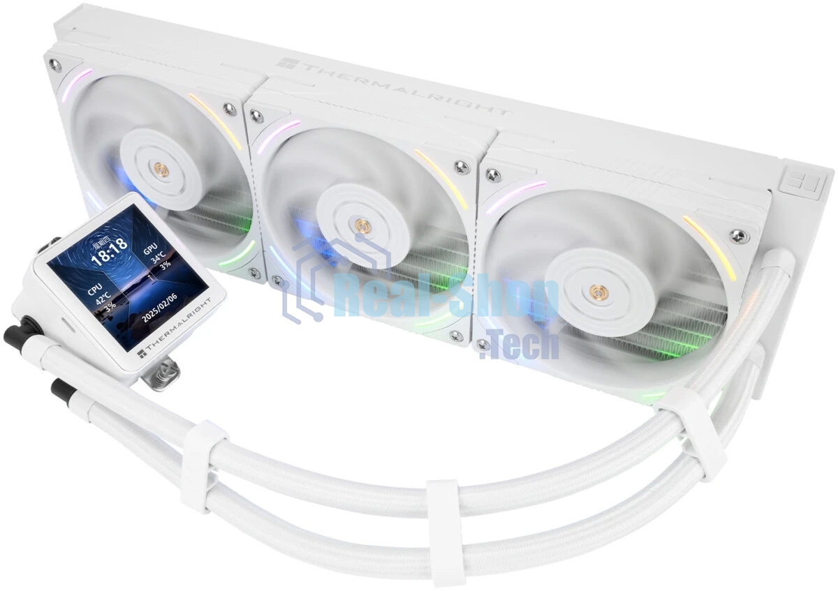 Система жидкостного охлаждения Thermalright Frozen Vision 360 V2 (360мм, LED, White, ARGB/Fans: 3x120мм, 69CFM, 27dBA, 2150RPM/Pump height 60мм, 23dBA, 3000RPM, Rad thickness 27мм/S: 1700, 1200, 1851, 115X, 2011, 2066, AM5, AM4)