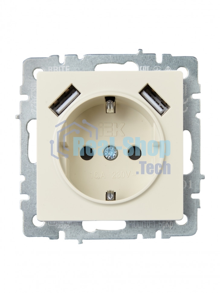 Розетка 1-местная IEK BRITE РЮш10-1-БрКр 16А, с USB A+A 2.1А, с заземлением с защитными шторками, бежевый