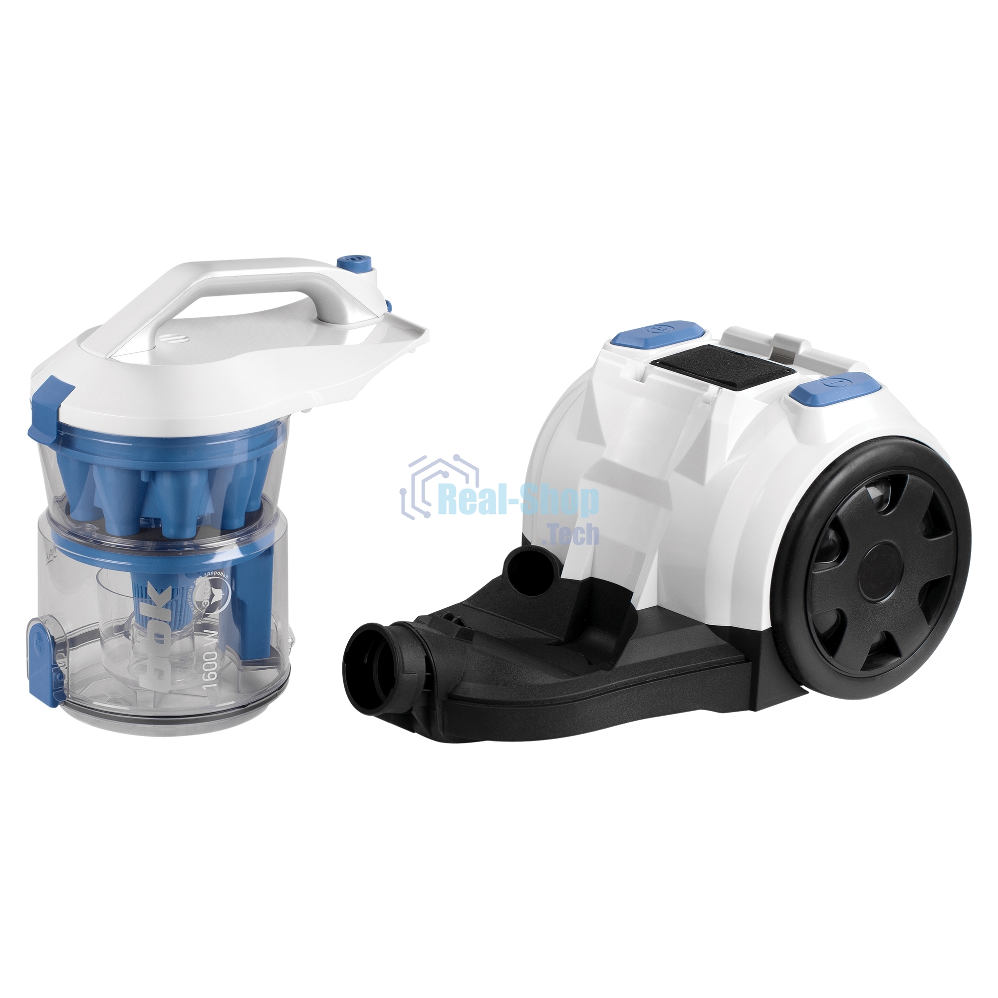 Пылесос BBK BV1501 белый/синий, 300/1600 Вт, уборка сухая, пылесборник контейнер, 2 л