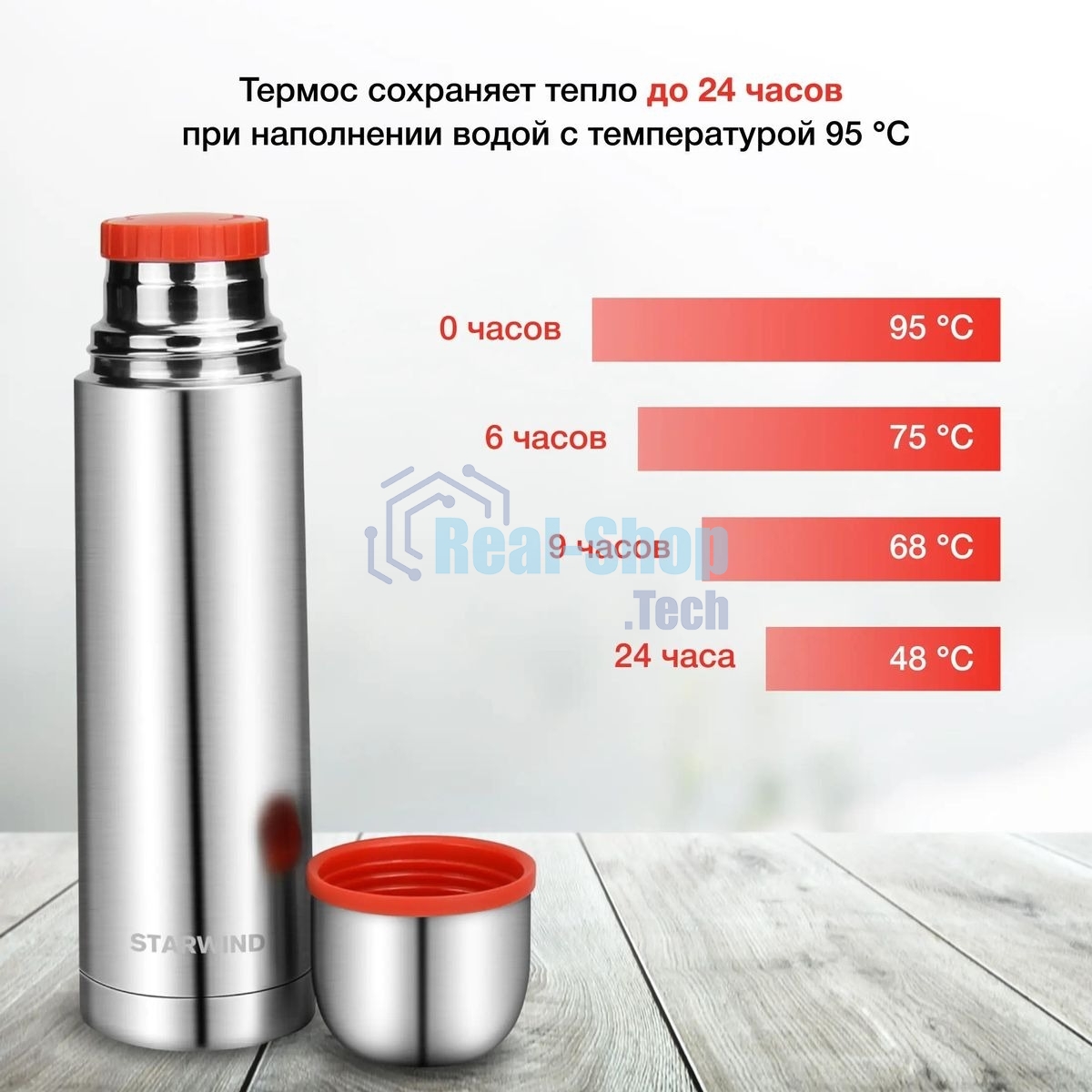 Термос для напитков Starwind 10-500 0.5 л, серебристый/красный, картонная коробка