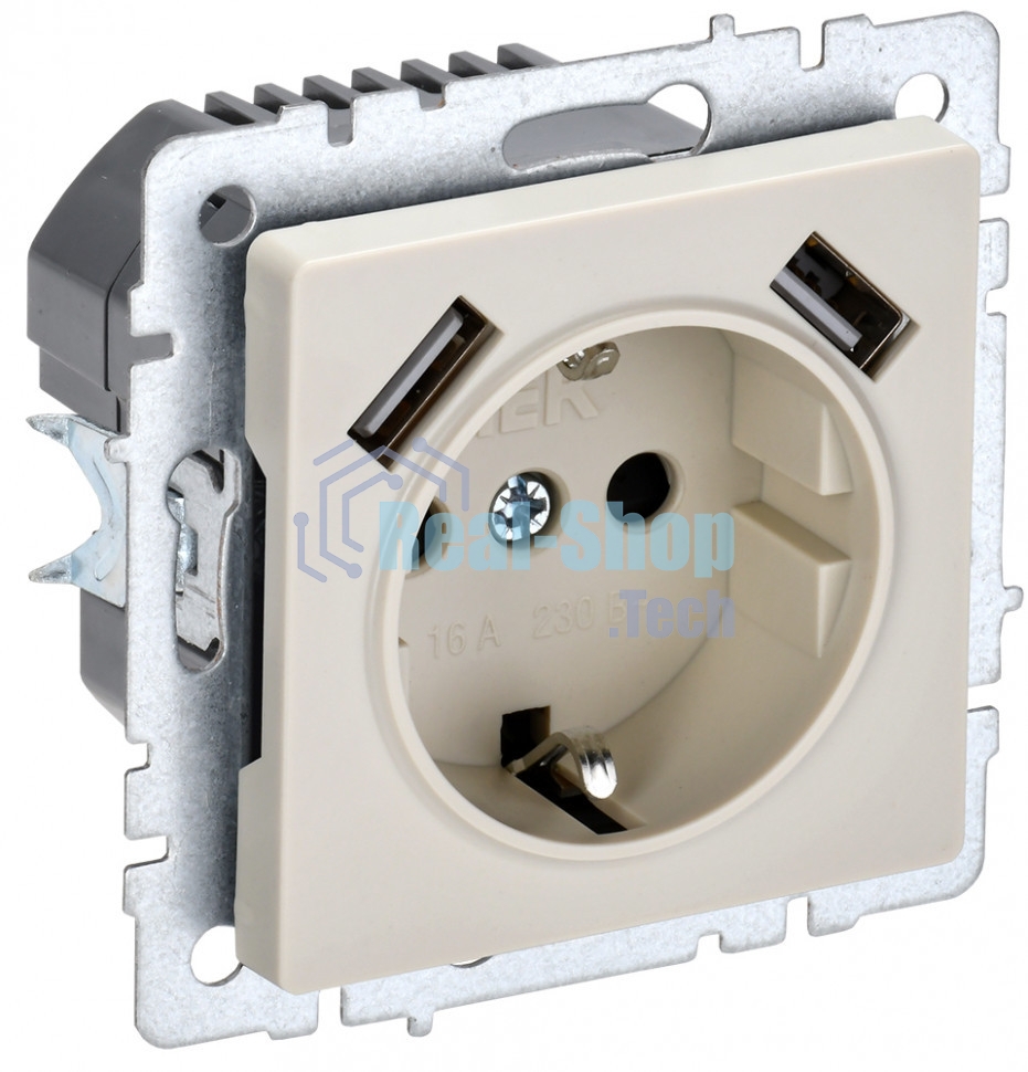 Розетка 1-местная IEK BRITE РЮш10-1-БрКр 16А, с USB A+A 2.1А, с заземлением с защитными шторками, бежевый