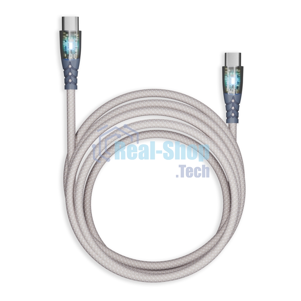 Кабель Smartbuy для зарядки и передачи данных, прозрачные наконечники TYPE C - TYPE C, 3А, нейл., серый, 1 м, IK-3112FCTRANSP-GRAY