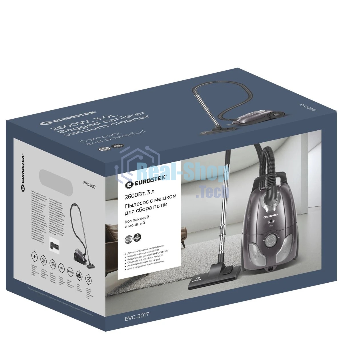 Пылесос Eurostek EVC-3017 фиолетовый, Потребляемая мощность – 2600 Вт, Мощность всасывания – 420 Вт