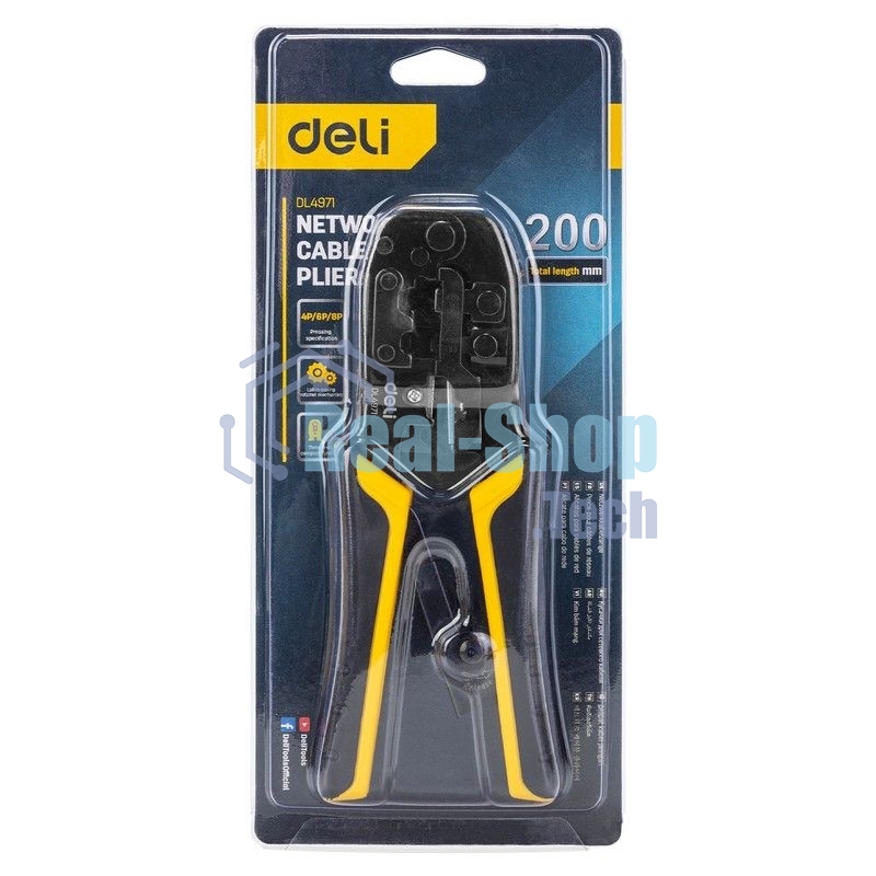 Обжимные клещи Deli DL4971 4P,6P,8P Размер: 200 мм. Спецификация обжима: 4P, 6P, 8P. Сталь A3 с черным покрытием. Ручка из ПВХ и ТПР. Храповой механизм. Подходит для витой пары UTP/STP и телефонных кабелей.